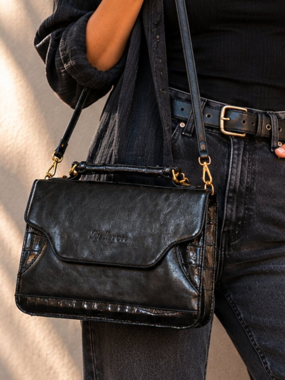Vintage Bellerose Black Croc Embossed Leather Satchel Crossbody | Gold HW | EUC